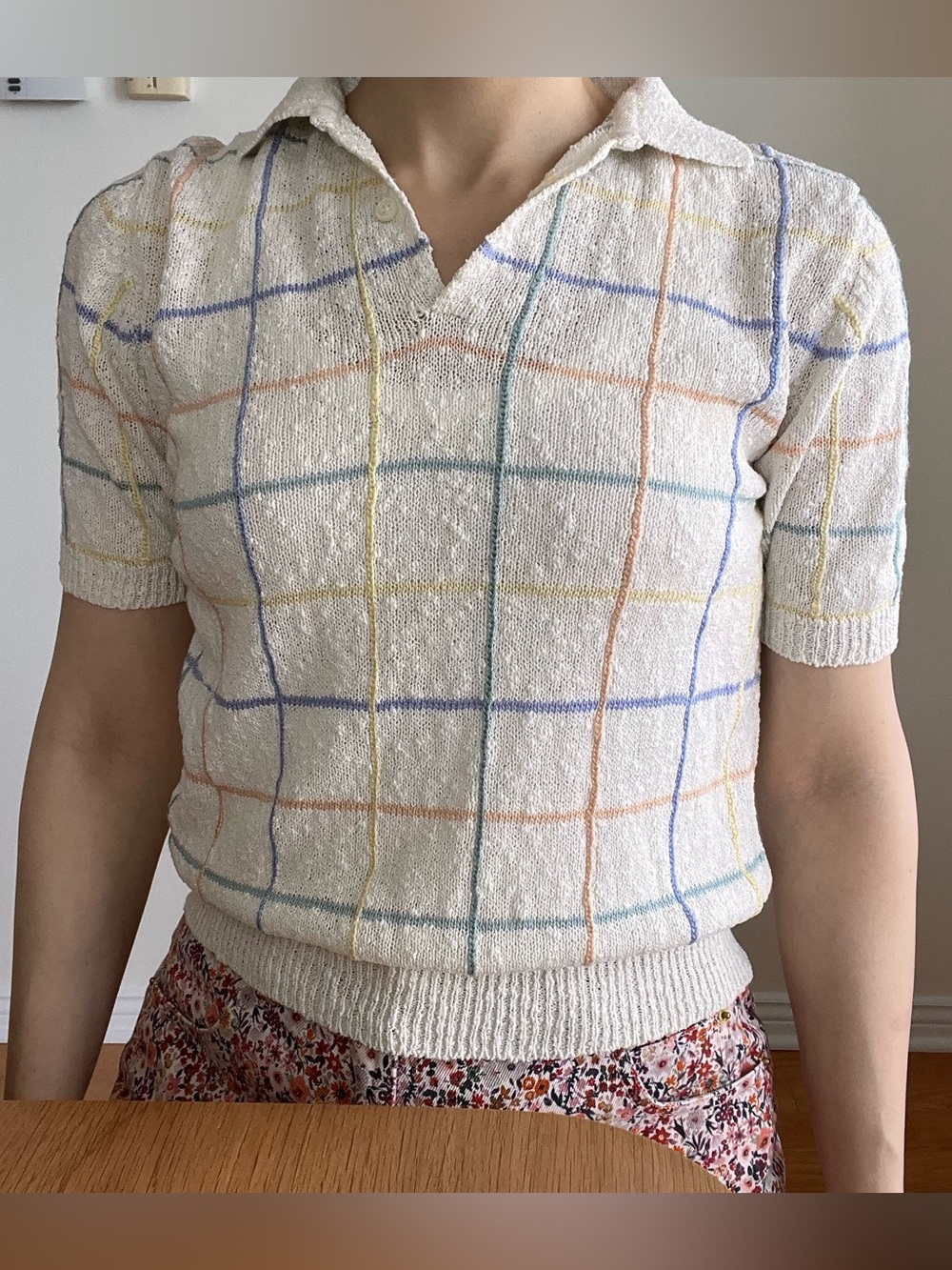 Ivory Knit Polo Vintage Shirt with Pastel Windowpane Check